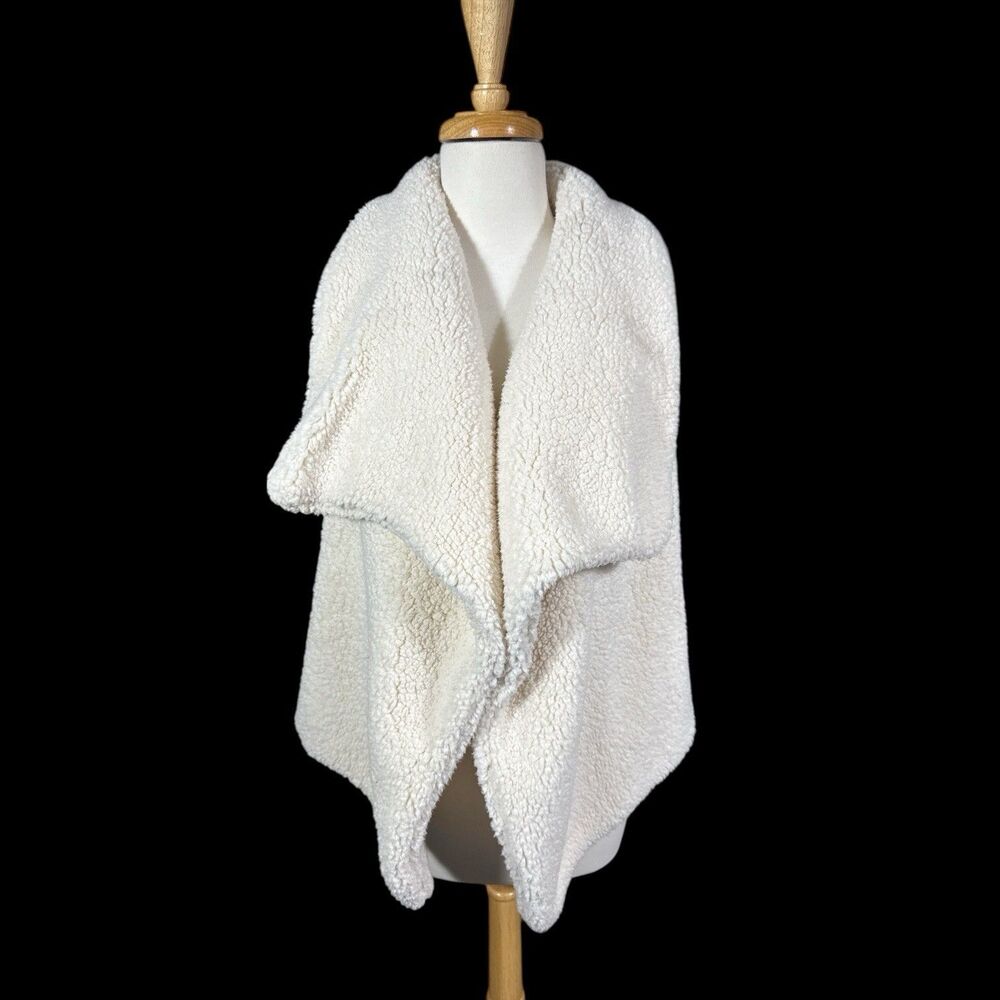 ANA Open Front White Fleece Shawl Sweater Vest Winter Sz L Knit Back